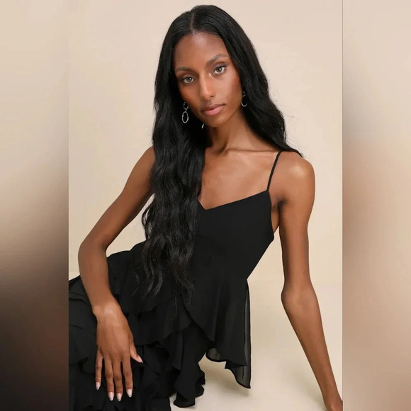 Lulu's Regal Moment Black Sleeveless Ruffled Tiered Maxi Dress Wedding Party - Picture 4 of 10